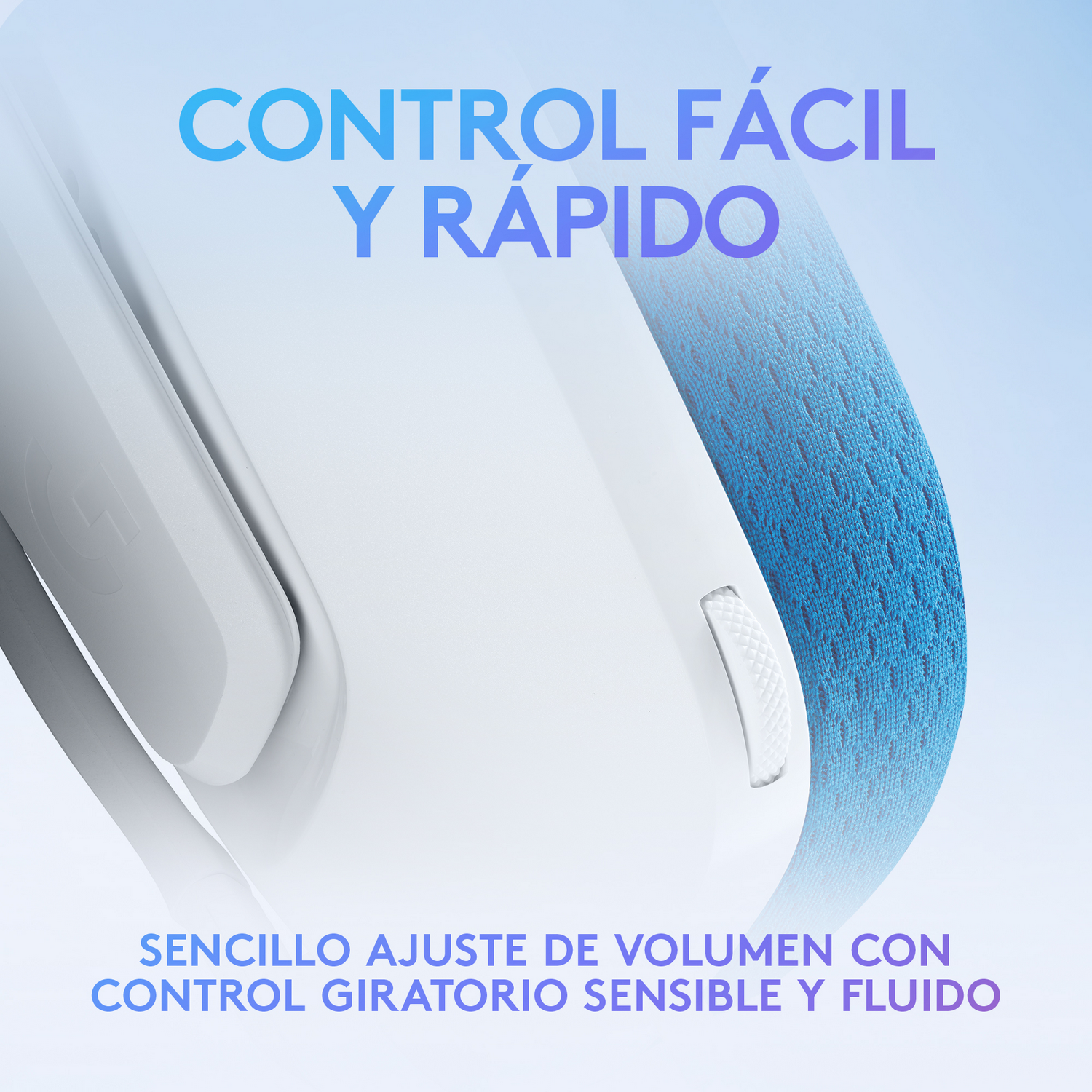 Primer plano de dispositivo blanco con malla azul y texto: Control fácil y rápido, sencillo ajuste de volumen.