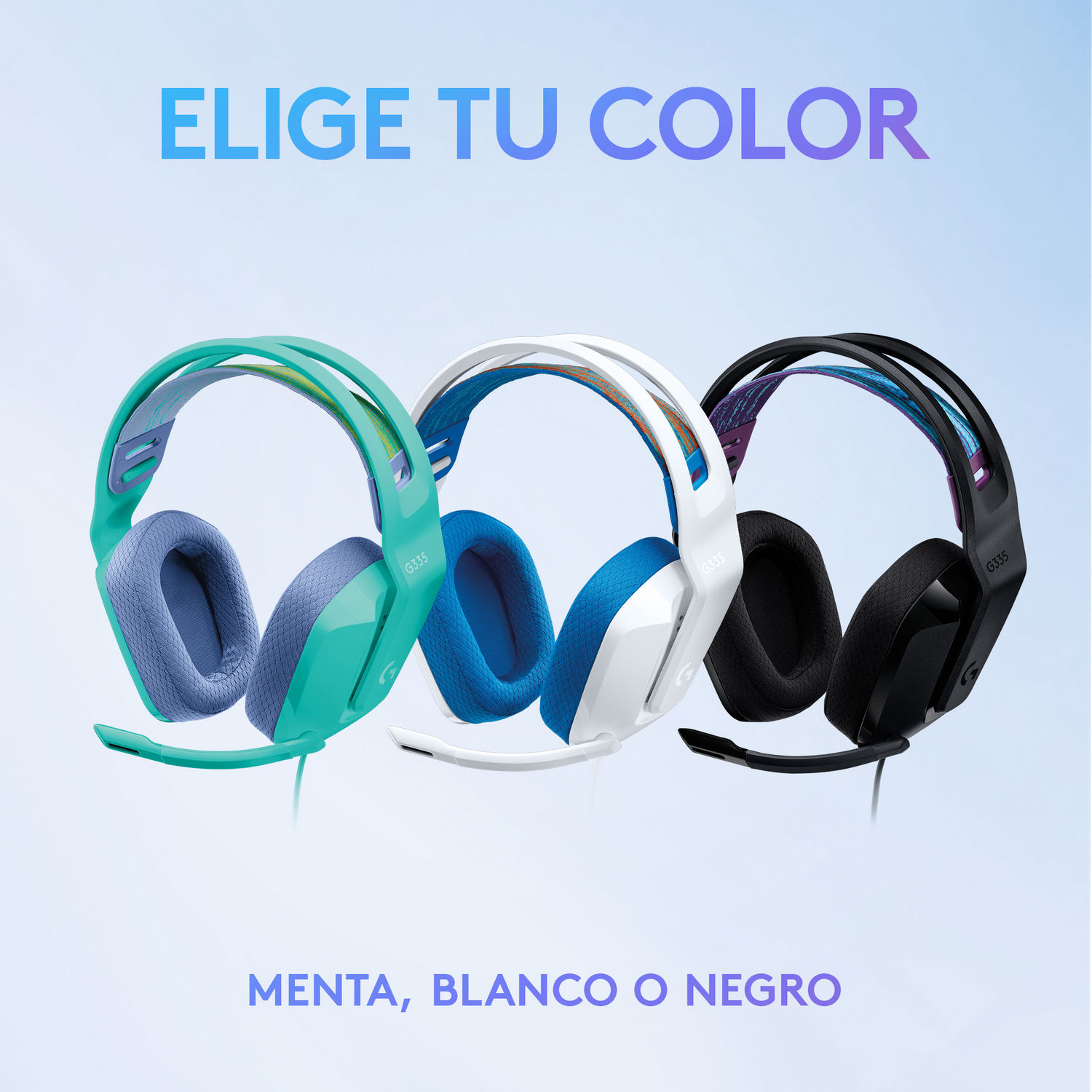 Tres auriculares coloridos: verde menta, blanco y negro, cada uno con micrófono.