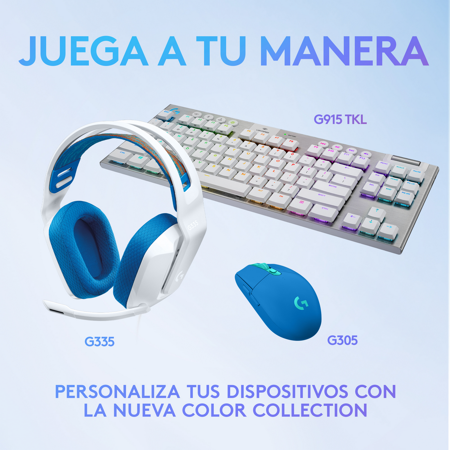 Auriculares blancos, teclado y ratón azul, etiquetados G335, G915 TKL y G305.