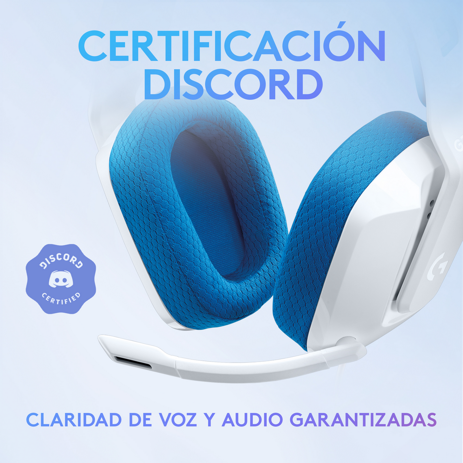 Auriculares para juegos blancos y azules, con el logo Discord Certified.