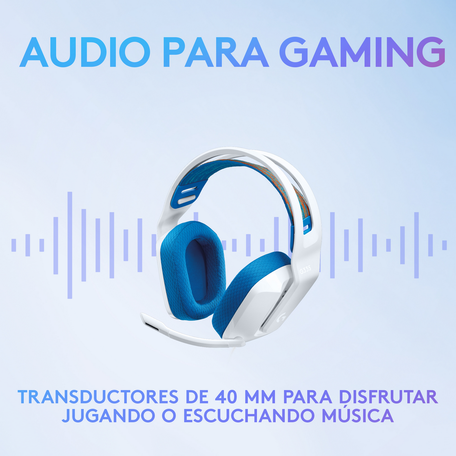 Auriculares para juegos blancos y azules con micrófono, gráfico de onda de sonido y texto.