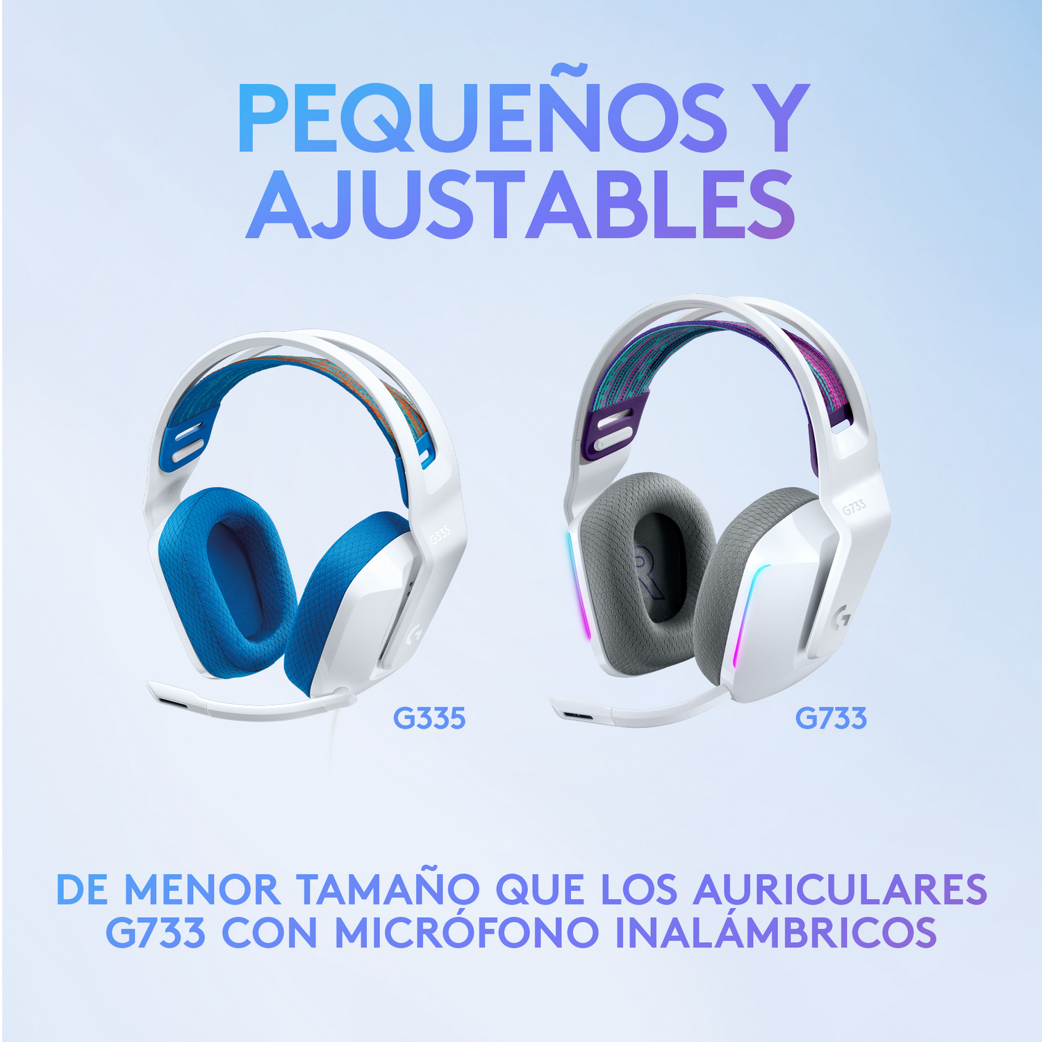 Dos auriculares gaming blancos y azules con micrófonos.