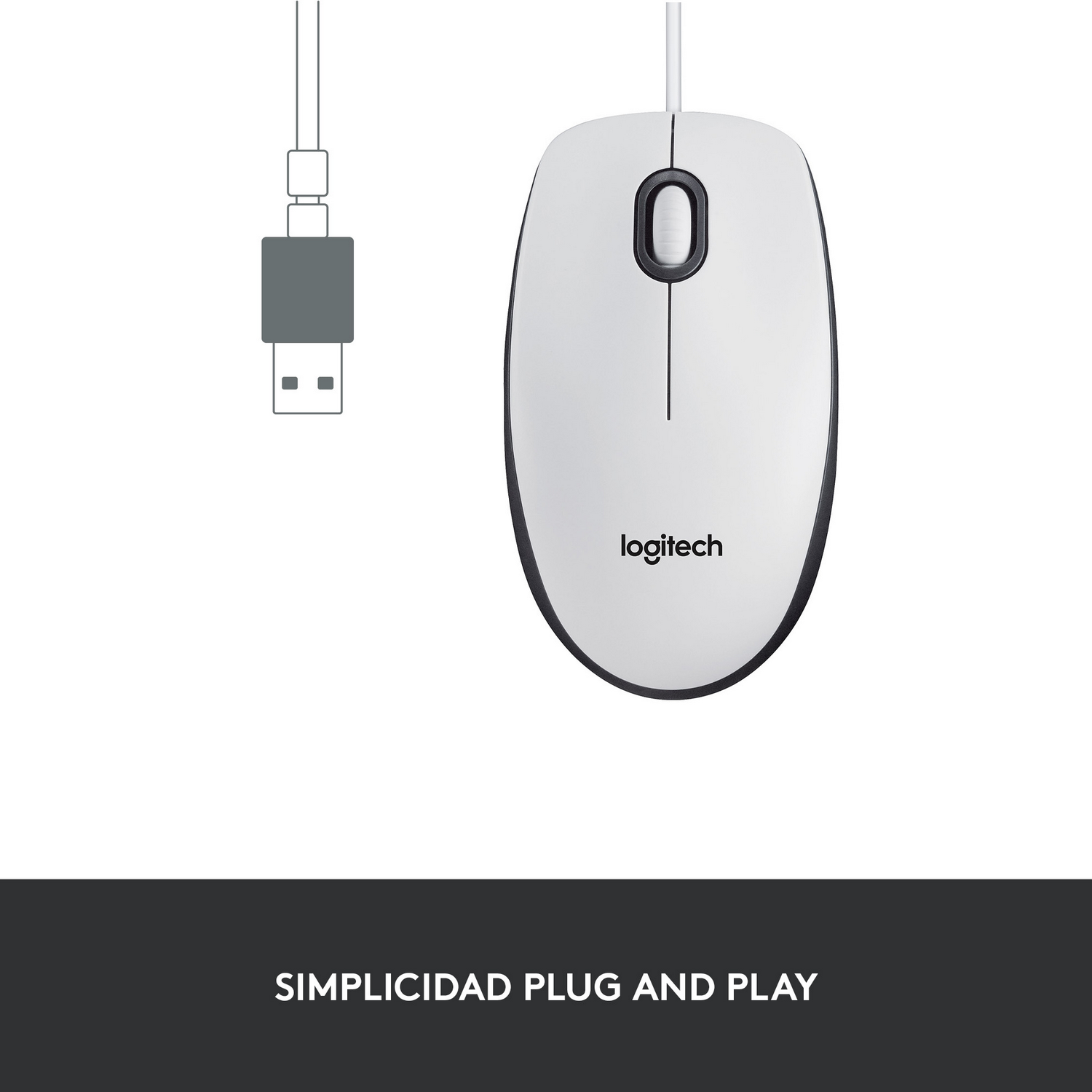 Un ratón Logitech blanco con borde negro y un enchufe USB, con el texto 'SIMPLICIDAD PLUG AND PLAY'.