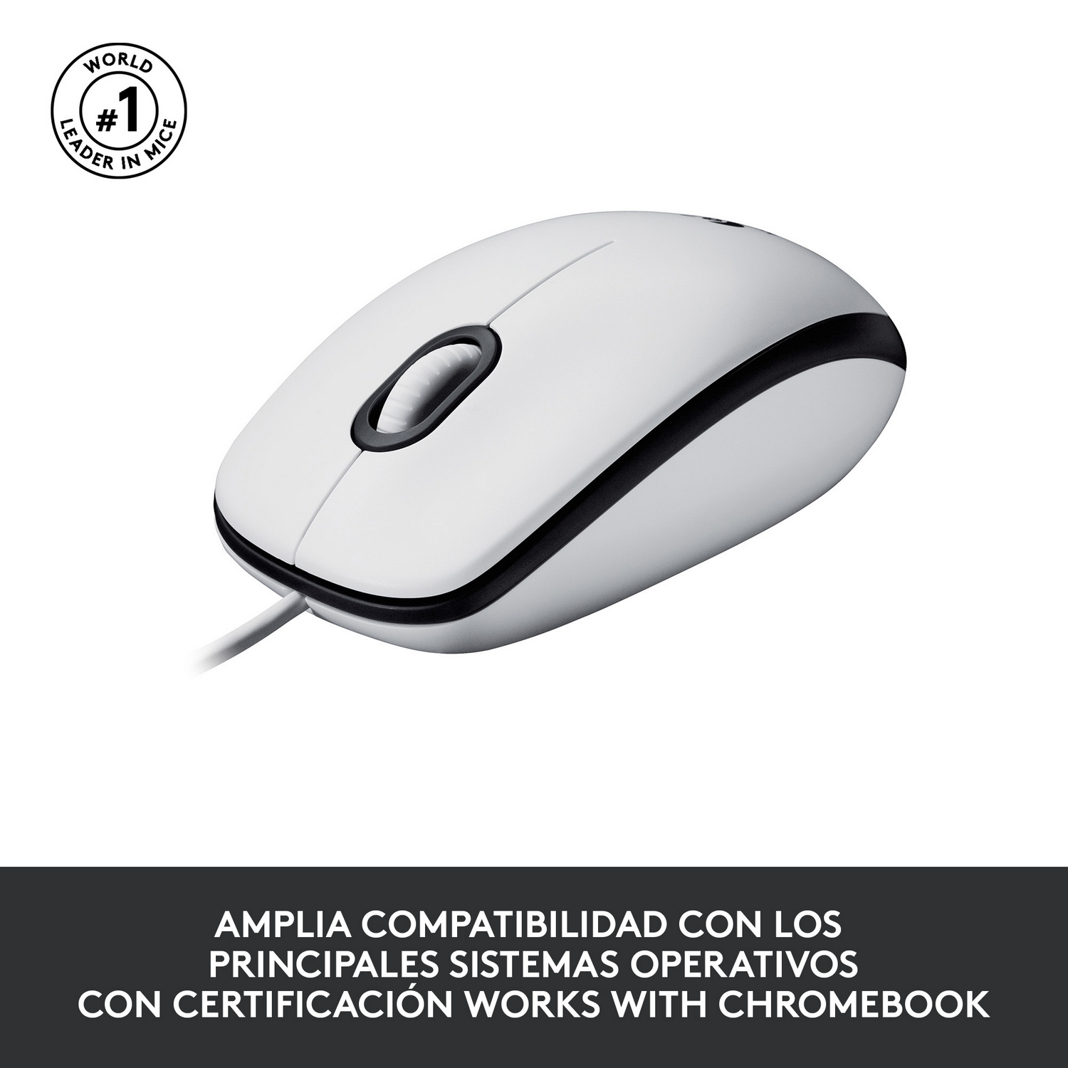 Ratón Logitech blanco con detalles negros, cable blanco y logotipo, sobre una superficie blanca.