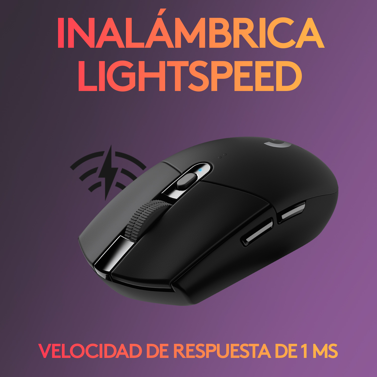Ratón gaming inalámbrico negro con texto: INALÁMBRICA LIGHTSPEED, VELOCIDAD DE RESPUESTA DE 1 MS.