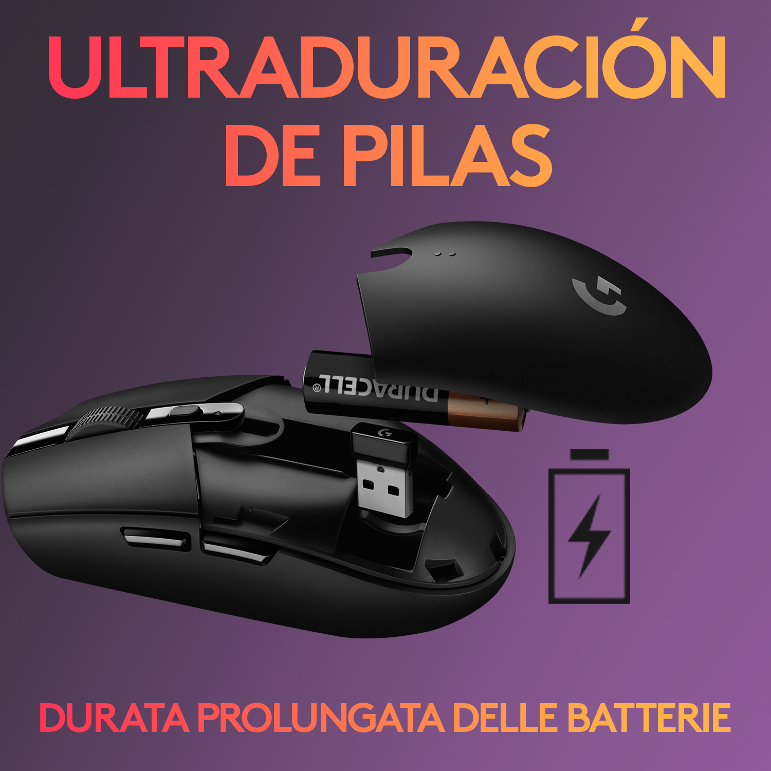 Ratón inalámbrico negro con batería, texto sobre larga duración y un icono de carga.