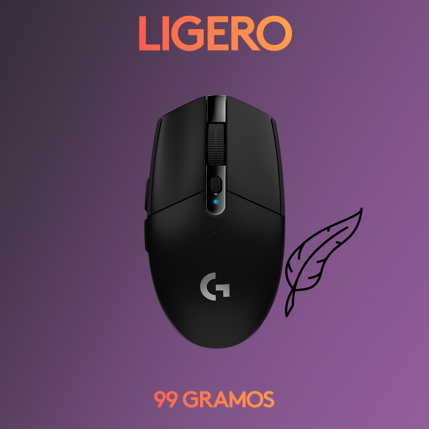 Ratón gaming negro con gráfica de pluma y las palabras 'LIGERO' y '99 gramos'.