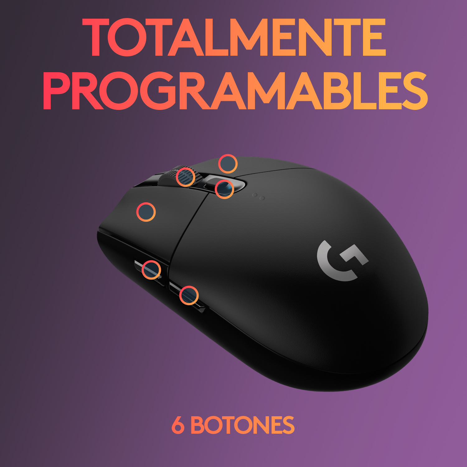 Ratón gaming negro con múltiples botones. Texto dice "6 botones". Fondo morado.