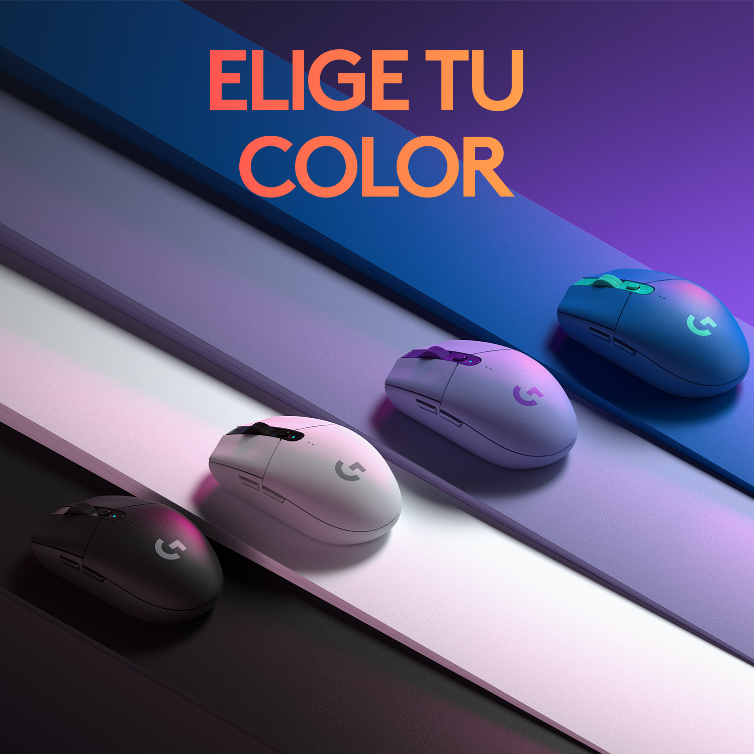 Cuatro ratones gaming inalámbricos en negro, blanco y morado, con gradientes de color y el texto 'ELIGE TU COLOR'.