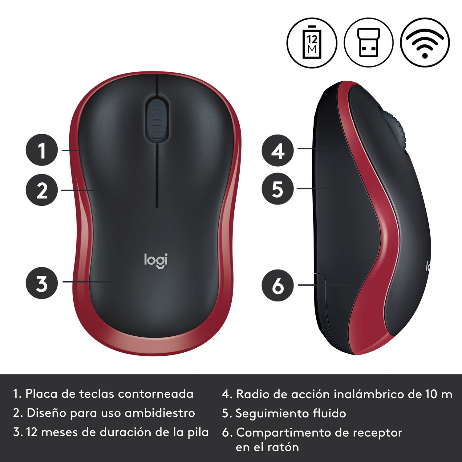 Un ratón inalámbrico negro y rojo con botones y funciones etiquetados.