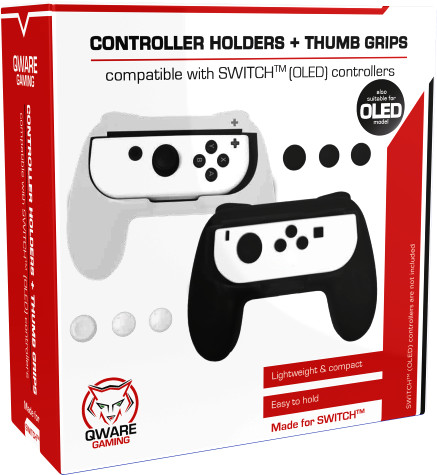 Box with controller holders and thumb grips. It has a white and black controller design.