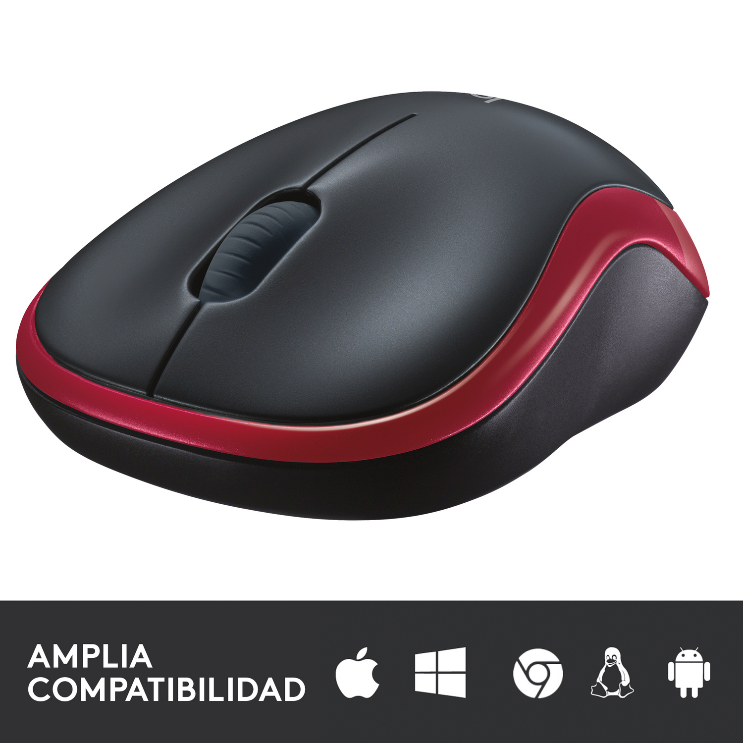 Ratón negro y rojo. Tiene una rueda de desplazamiento. Fondo blanco con iconos de compatibilidad.