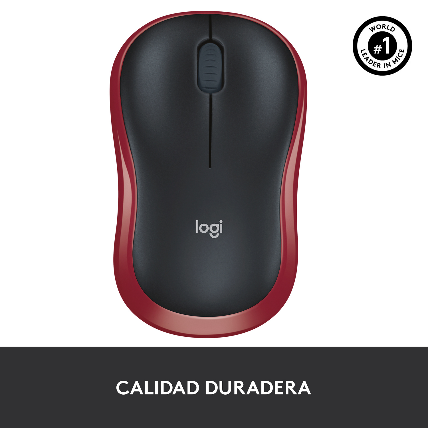 Ratón inalámbrico negro y rojo. El logotipo de Logitech es visible.