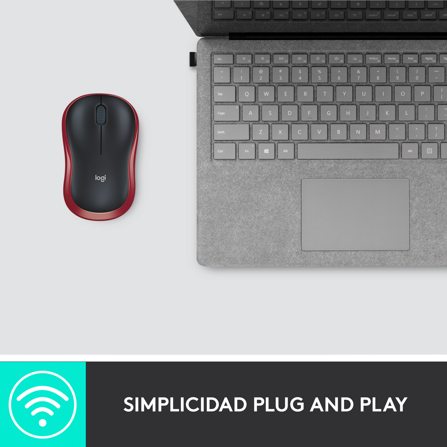 Un ratón inalámbrico rojo y negro junto a un portátil, con un logotipo y texto blancos debajo.