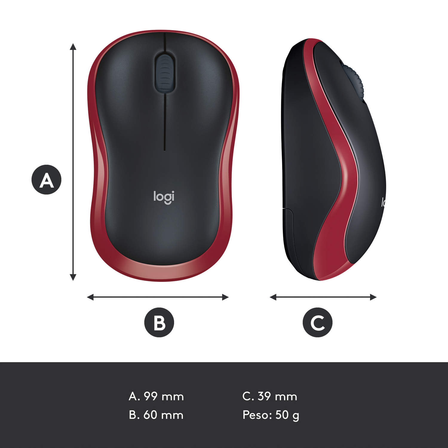 Un ratón de computadora rojo y negro, visto desde arriba y de lado, con dimensiones.