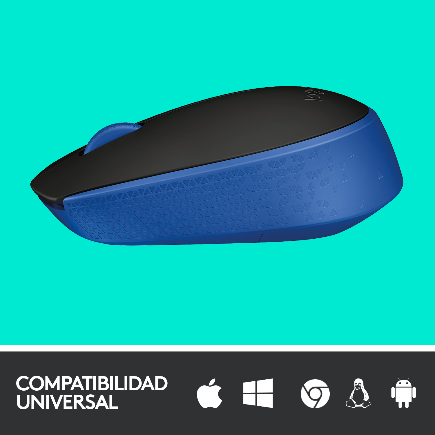 Ratón inalámbrico azul y negro sobre fondo azul. Iconos de compatibilidad se muestran abajo.