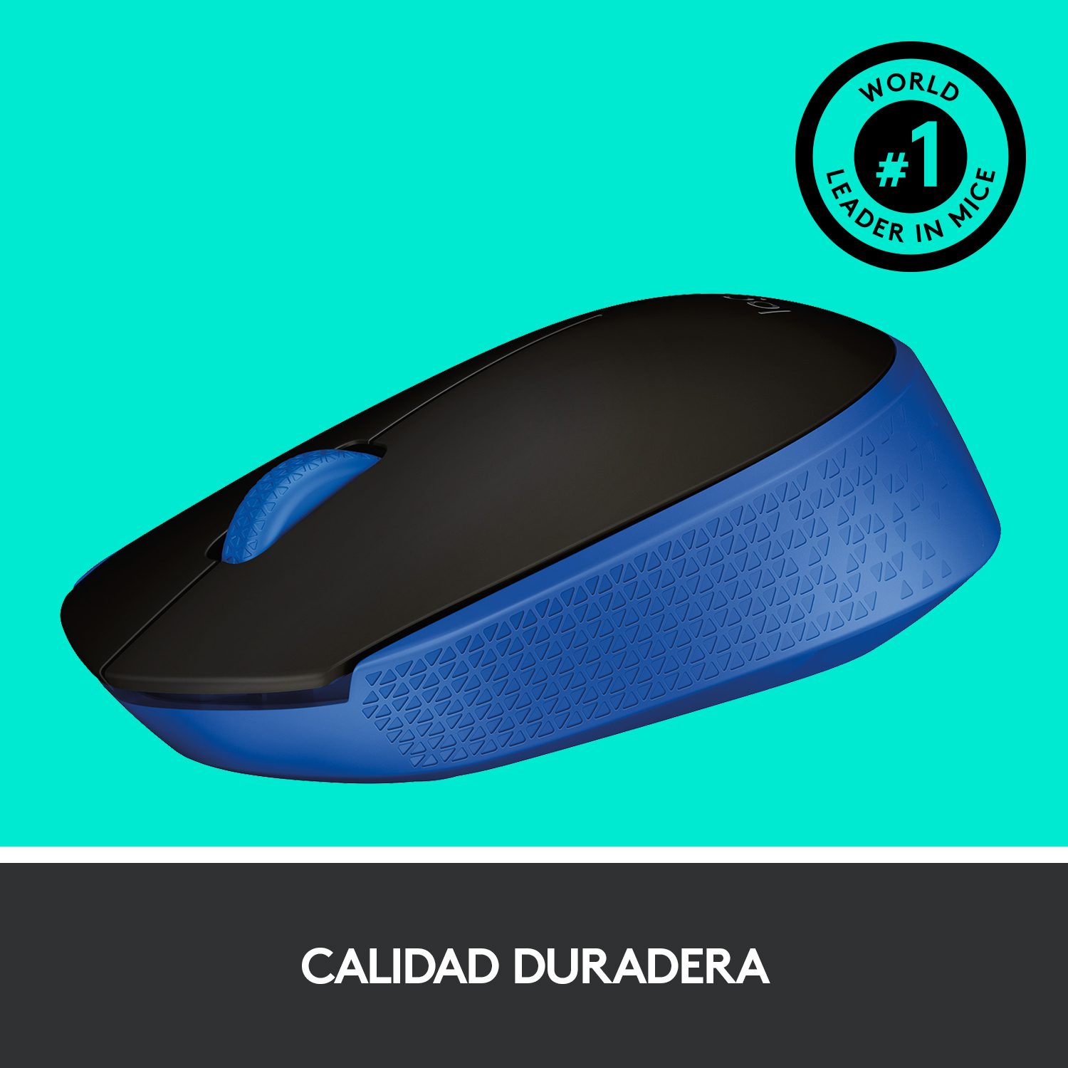 Un ratón inalámbrico negro y azul con una rueda de desplazamiento azul, sobre un fondo verde azulado. Texto: Calidad Duradera.