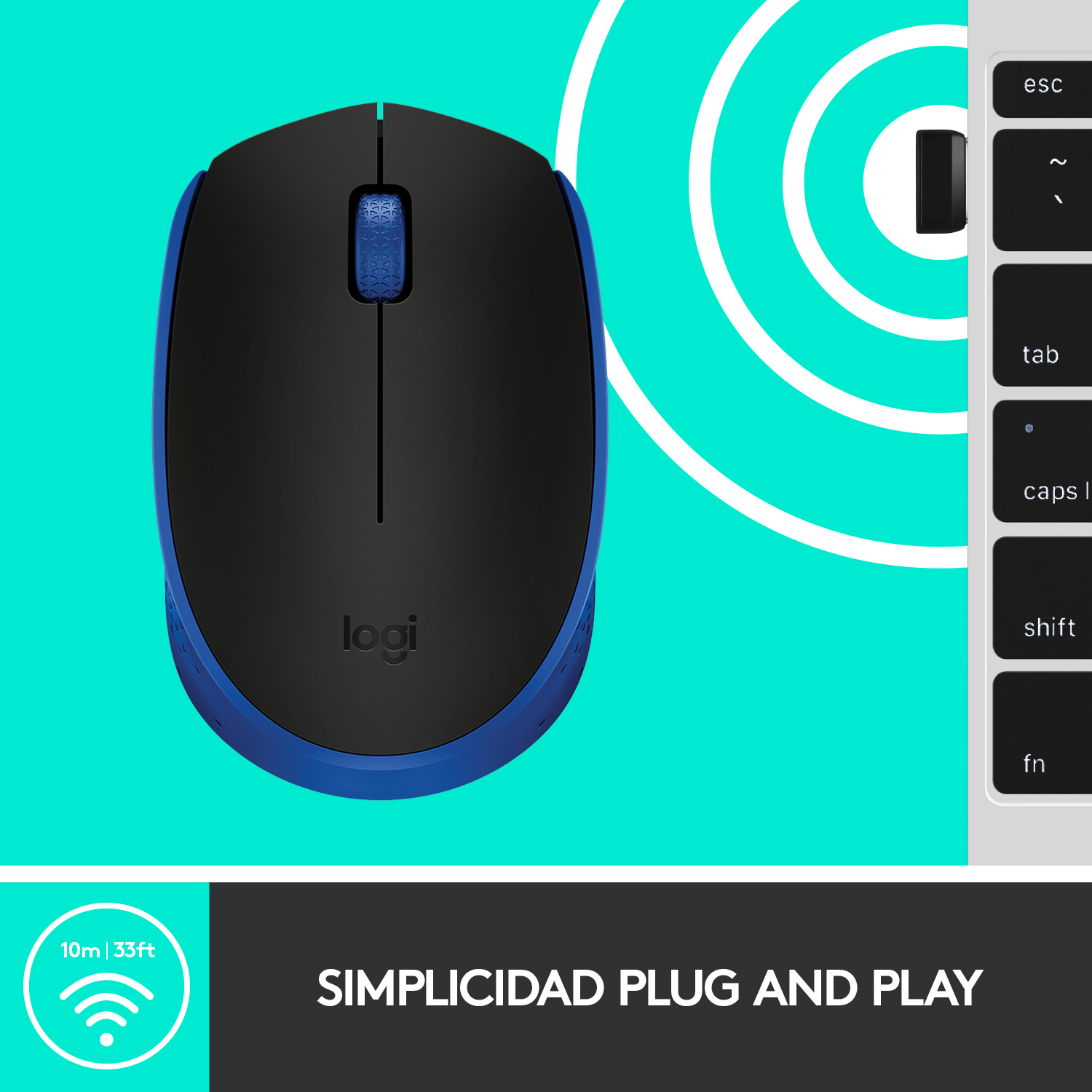 Un ratón inalámbrico negro y azul con el texto 'SIMPLICIDAD PLUG AND PLAY'.