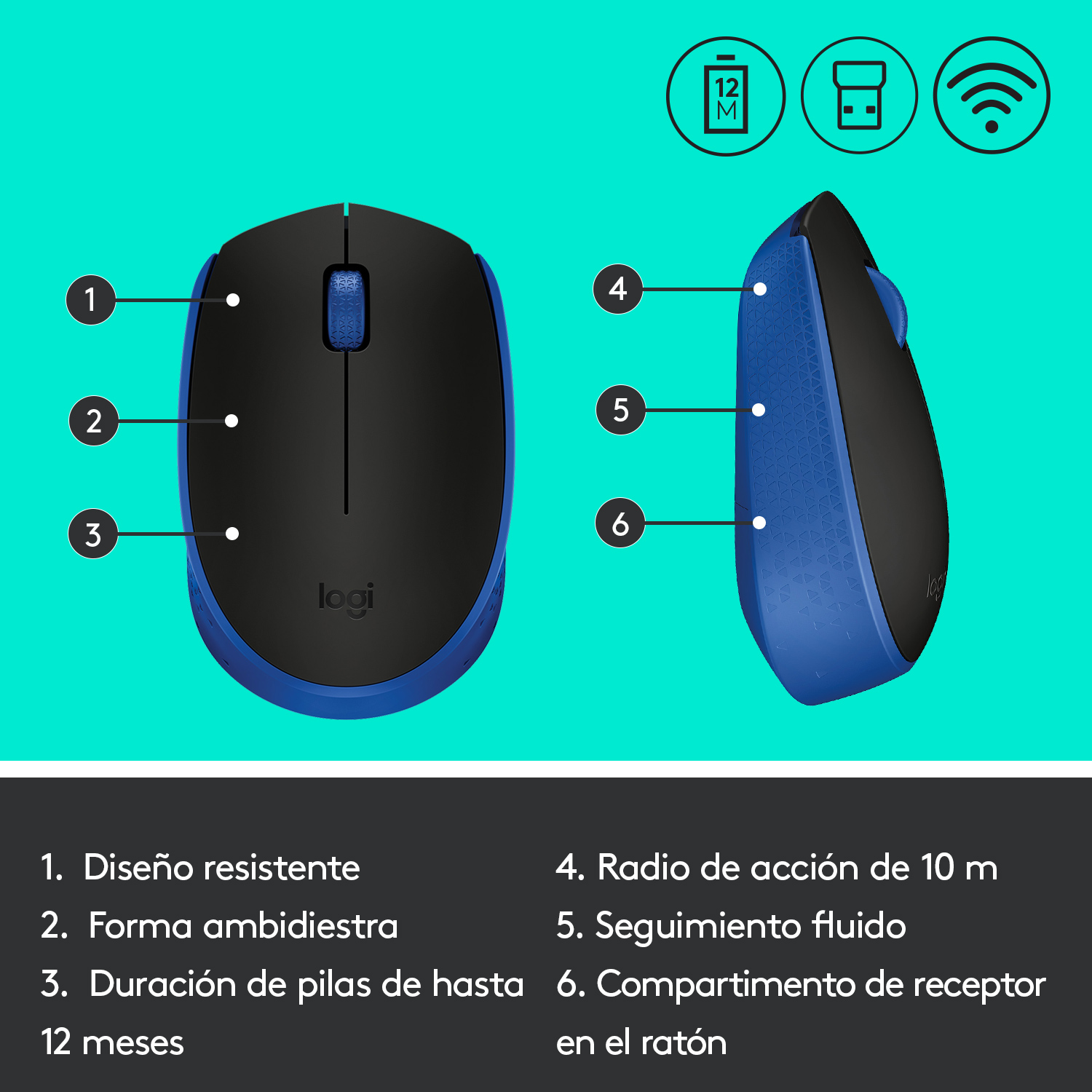 Ratón inalámbrico negro y azul con funciones e iconos numerados.