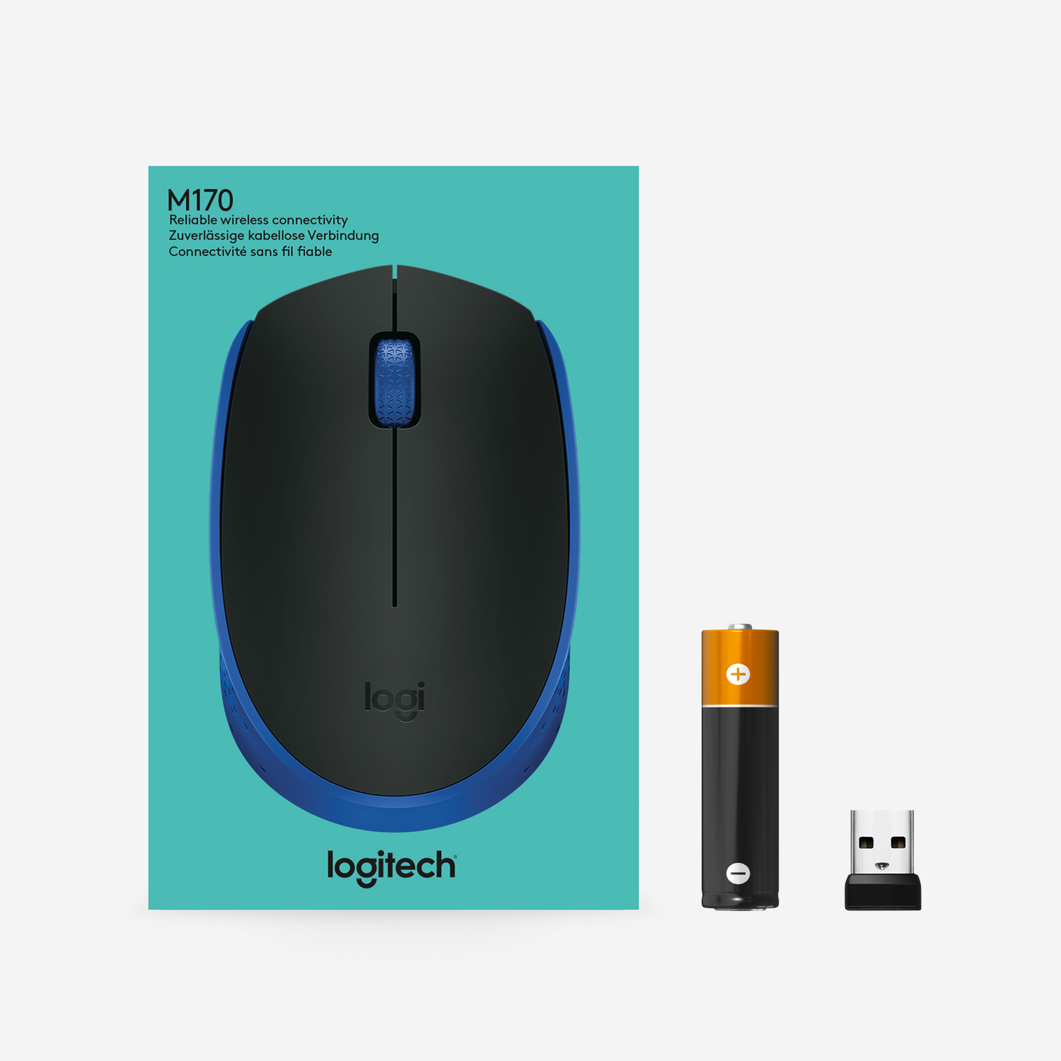 Ratón y embalaje con el logo de Logitech y una pila.