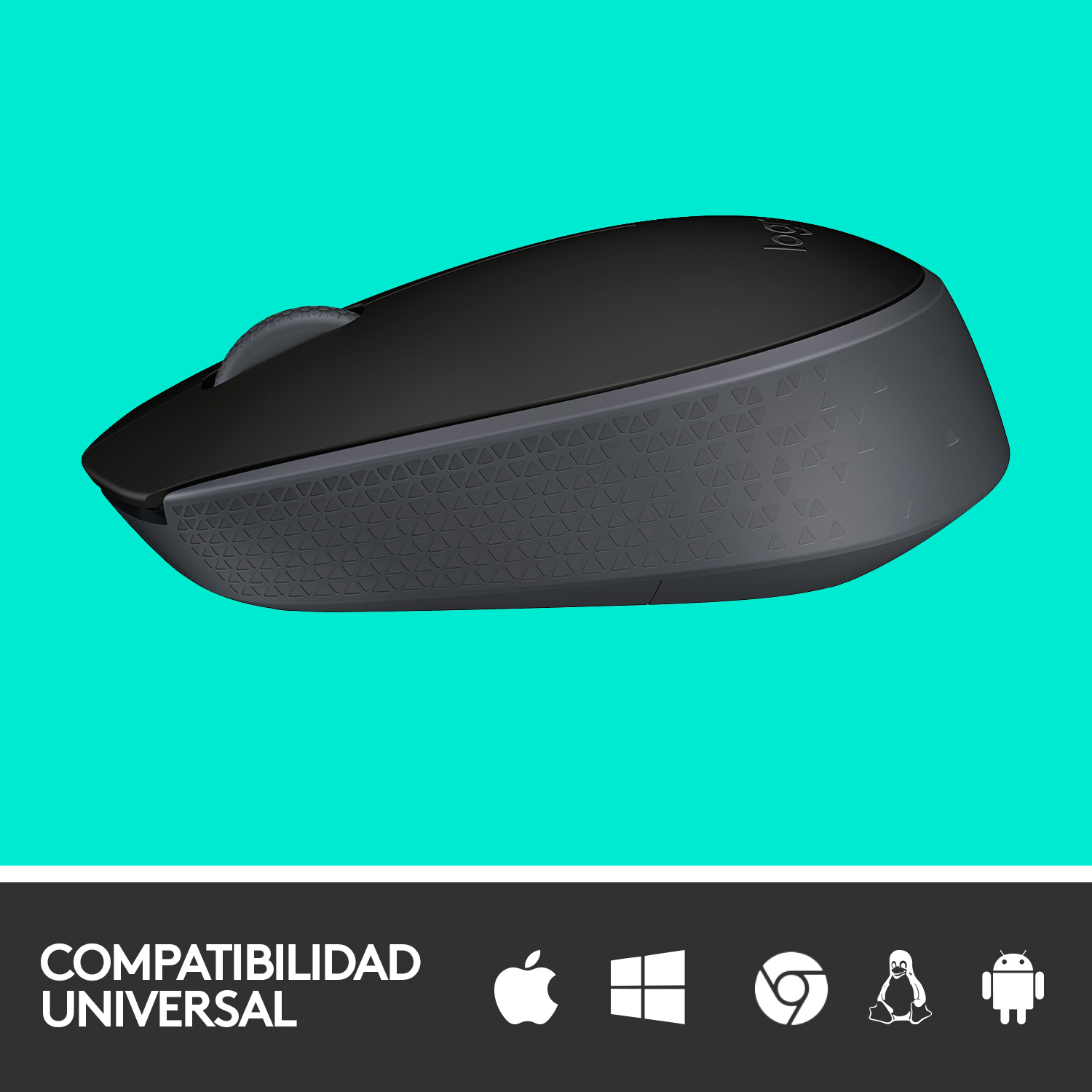 Ratón inalámbrico negro sobre fondo turquesa. Logo Logitech visible. Iconos de compatibilidad.