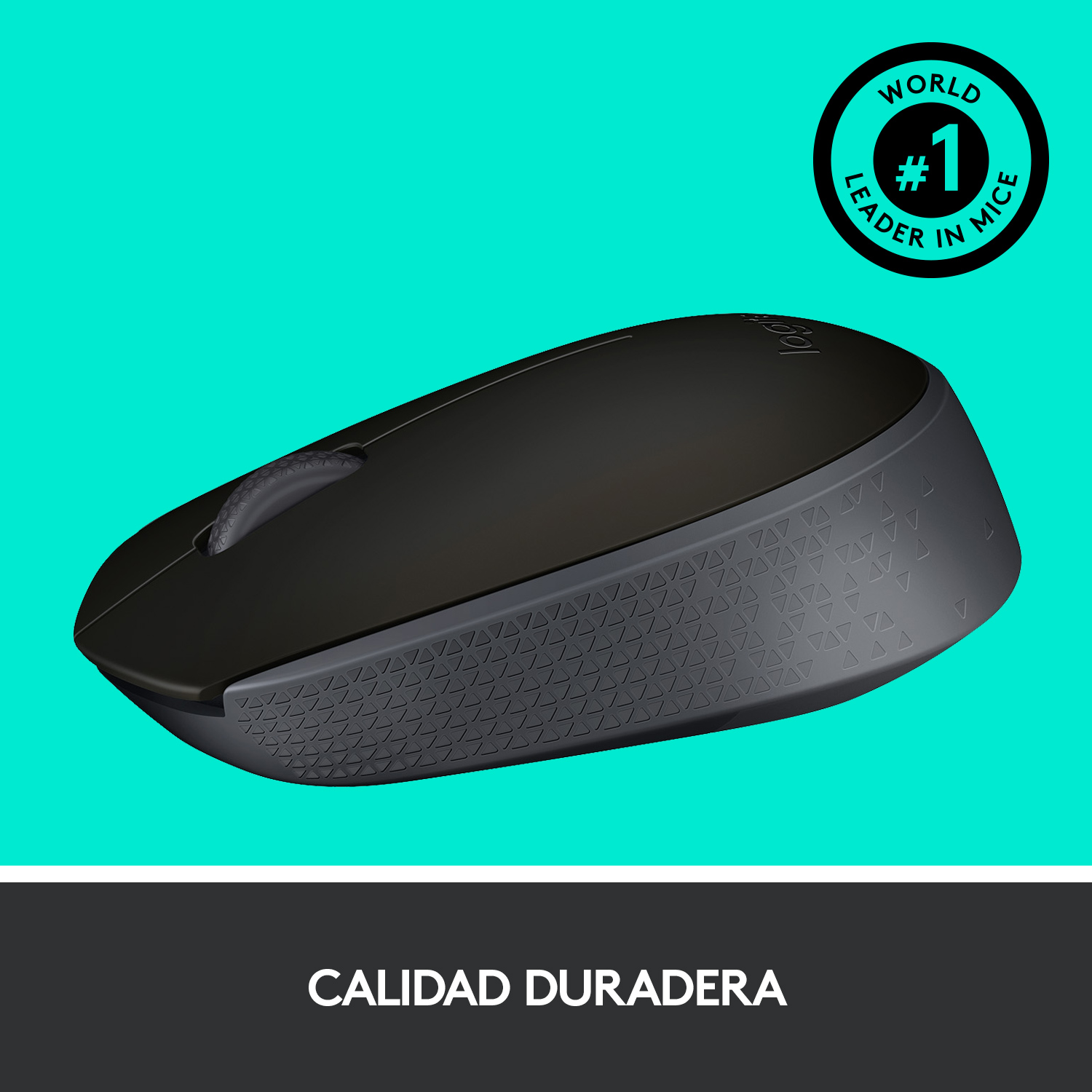 Ratón Logitech negro sobre fondo turquesa, con distintivo de líder mundial en ratones.