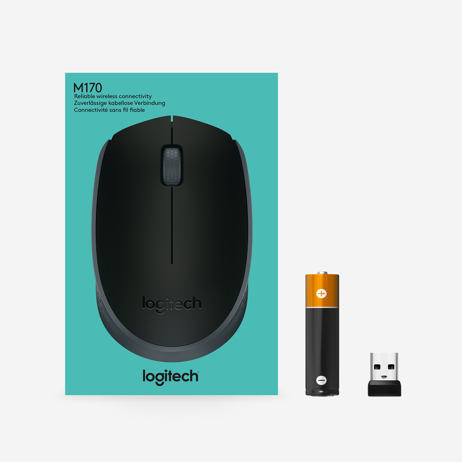 Ratón negro, batería y receptor USB sobre fondo claro.