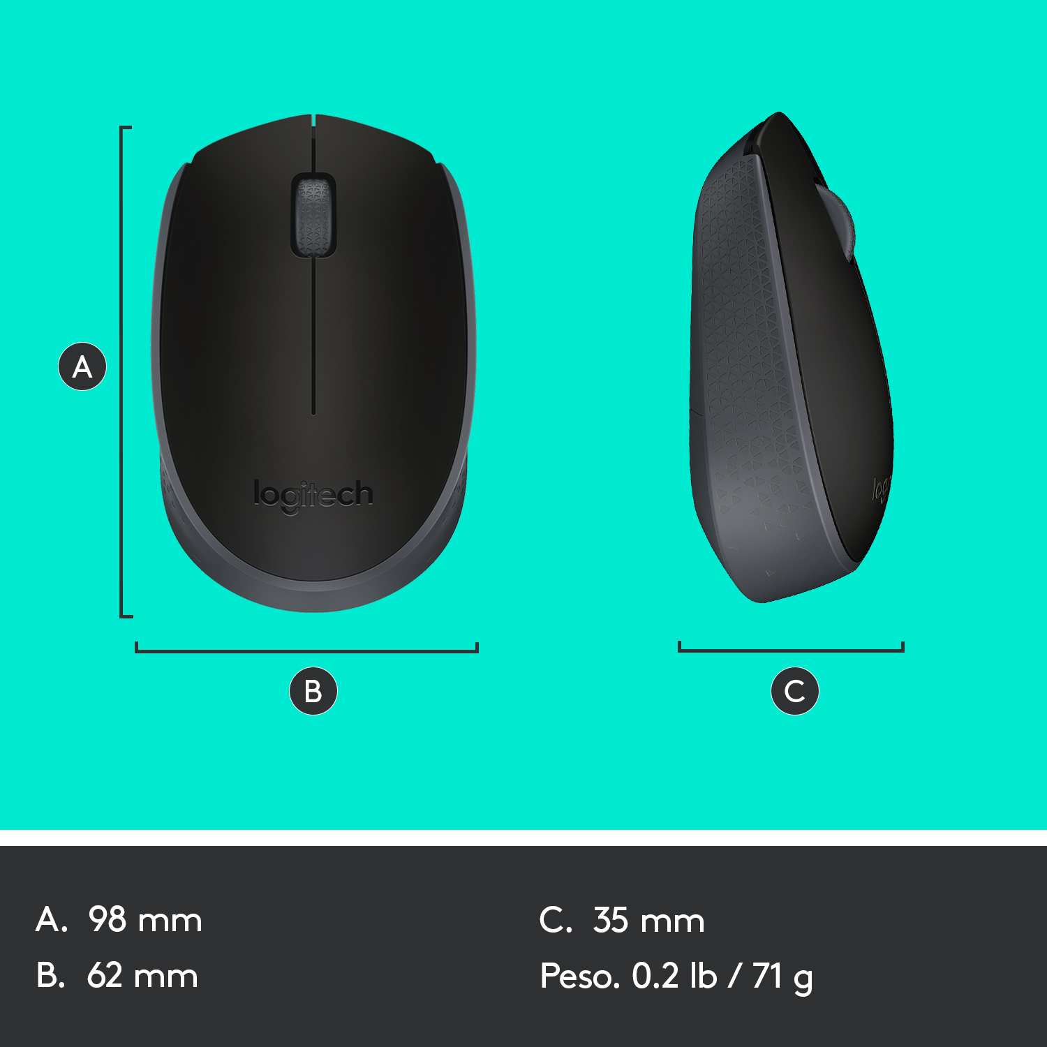 Ratón Logitech negro, dimensiones mostradas. Vistas superior y lateral. Fondo turquesa.