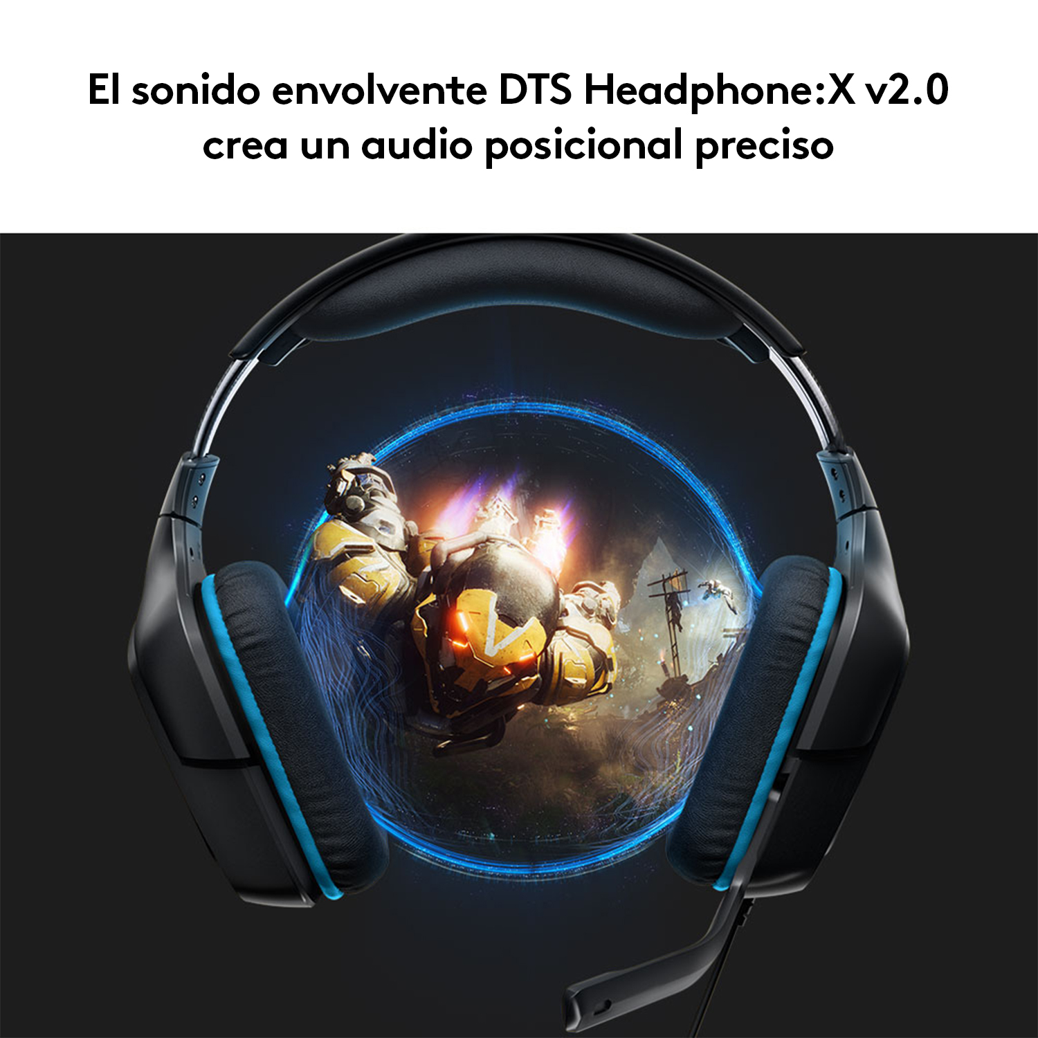 Auriculares con una escena de juego en un círculo azul. El texto dice DTS Headphone:X v2.0.