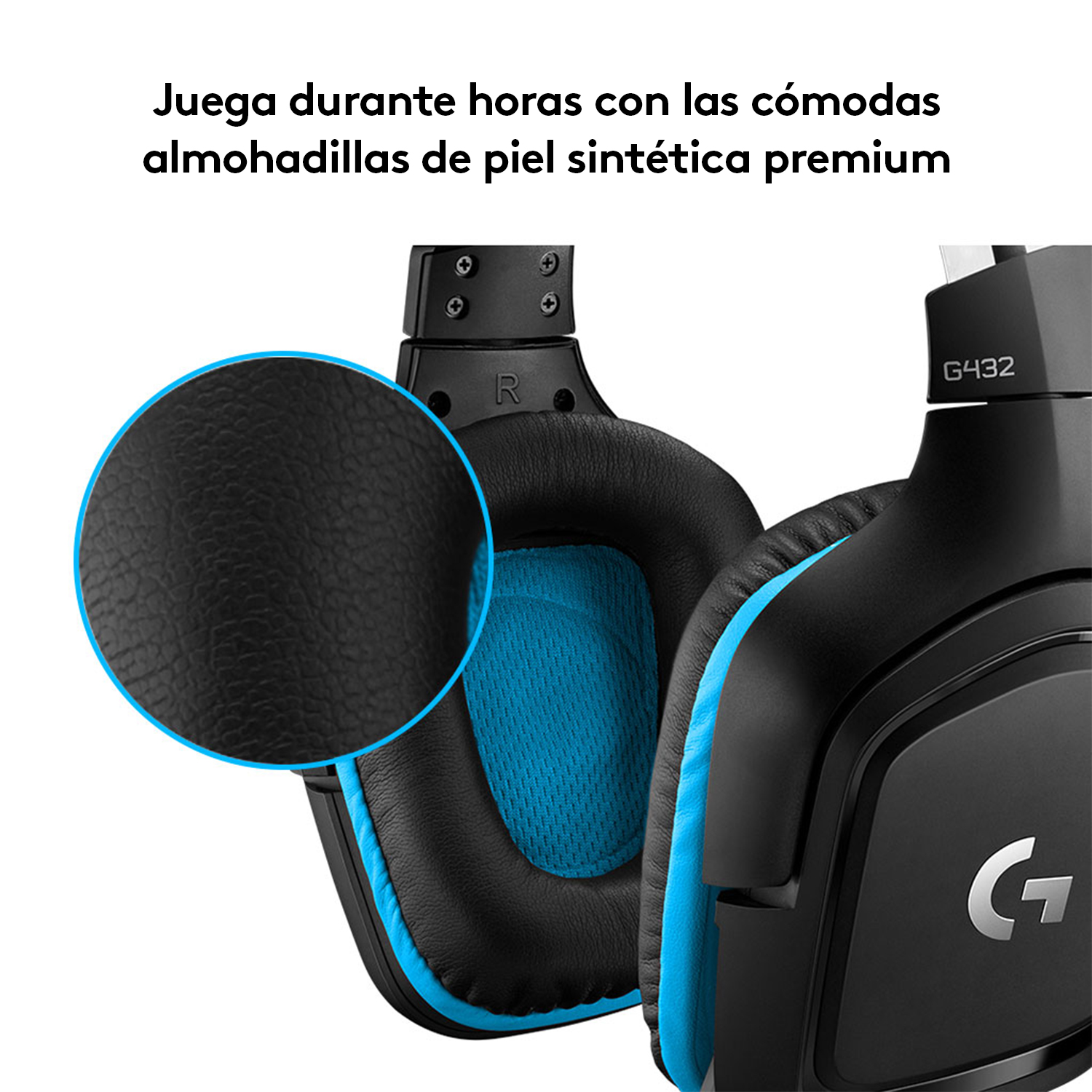 Primer plano de auriculares gaming con detalles azules y el texto: 'Juega durante horas con las cómodas almohadillas'.
