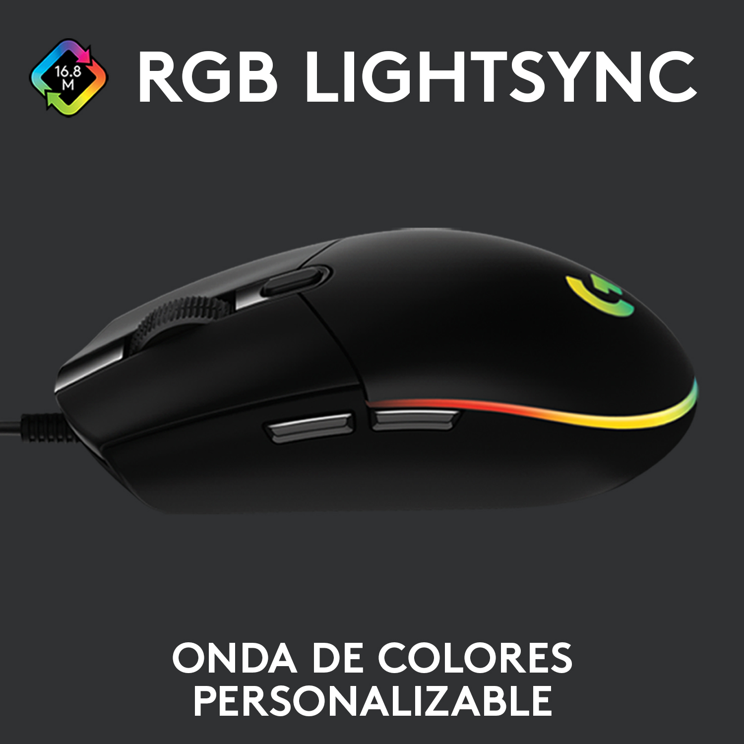 Un ratón gaming negro con iluminación RGB. Tiene una rueda de desplazamiento y botones laterales, y el texto dice "Lightsync".