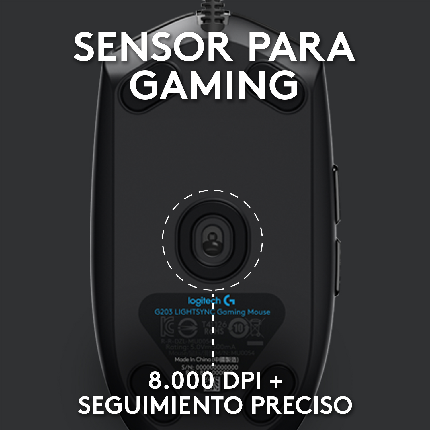 Base de ratón gaming con texto, mostrando la parte inferior de un Logitech G203.