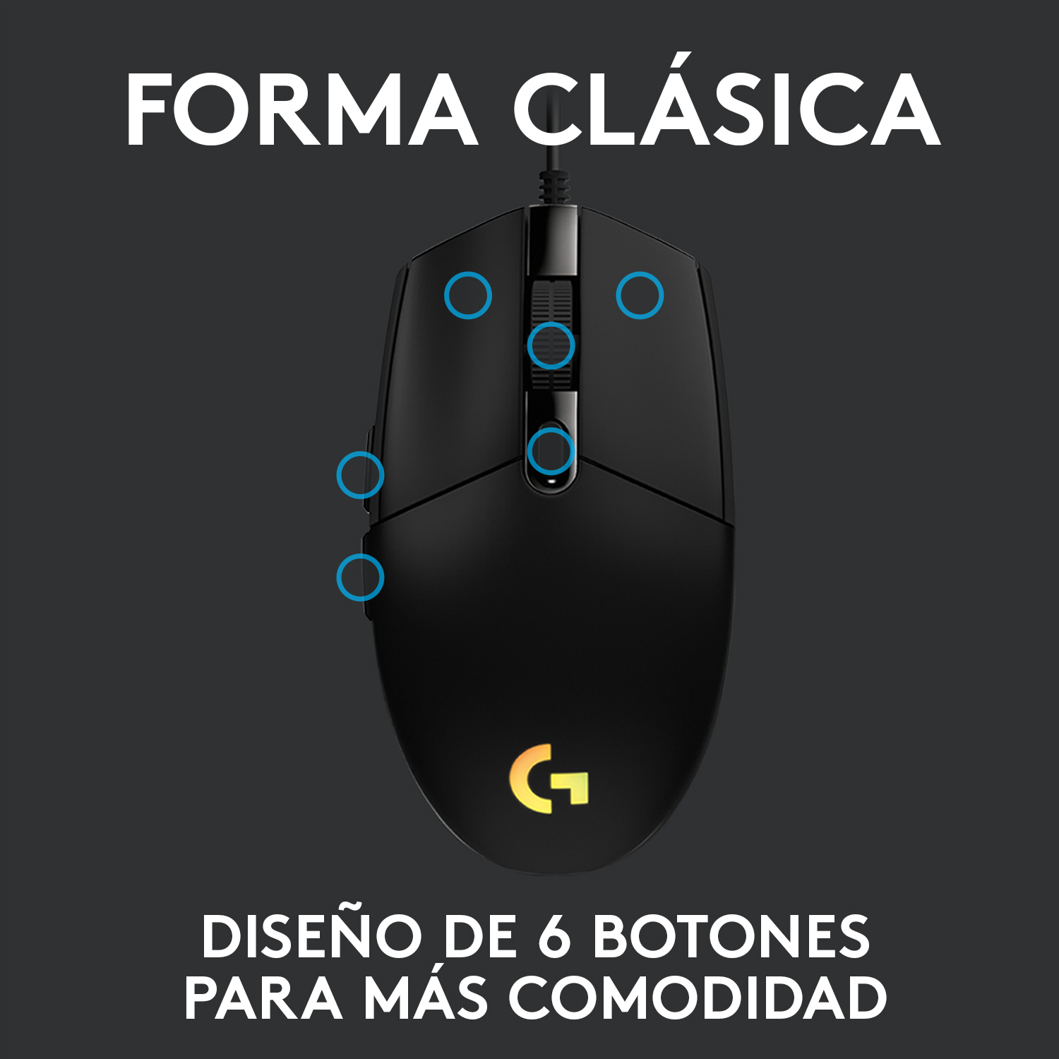 Ratón Logitech negro con seis botones. Círculos azules indican las posiciones.
