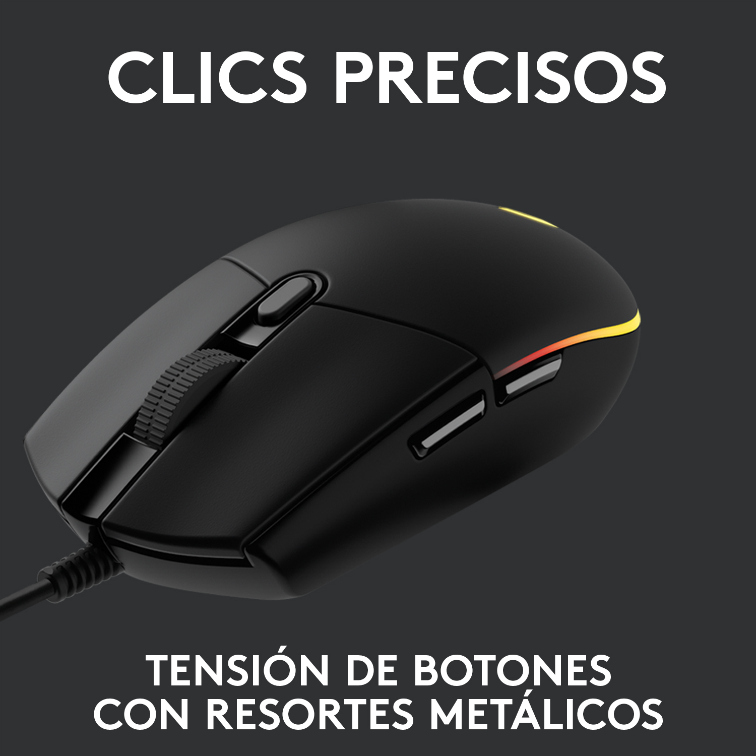 Ratón gaming negro con rueda de desplazamiento y botones laterales. Texto en el fondo.