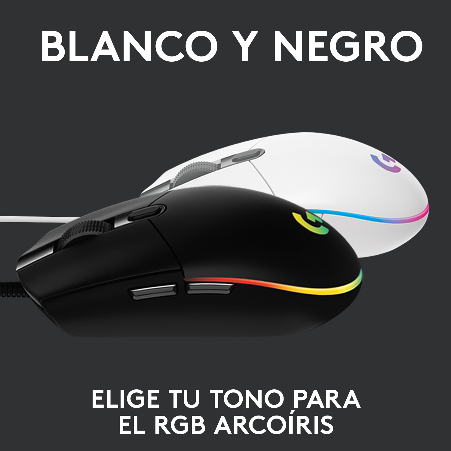 Opciones de ratón de computadora blanco y negro. Uno negro, uno blanco con luces RGB.