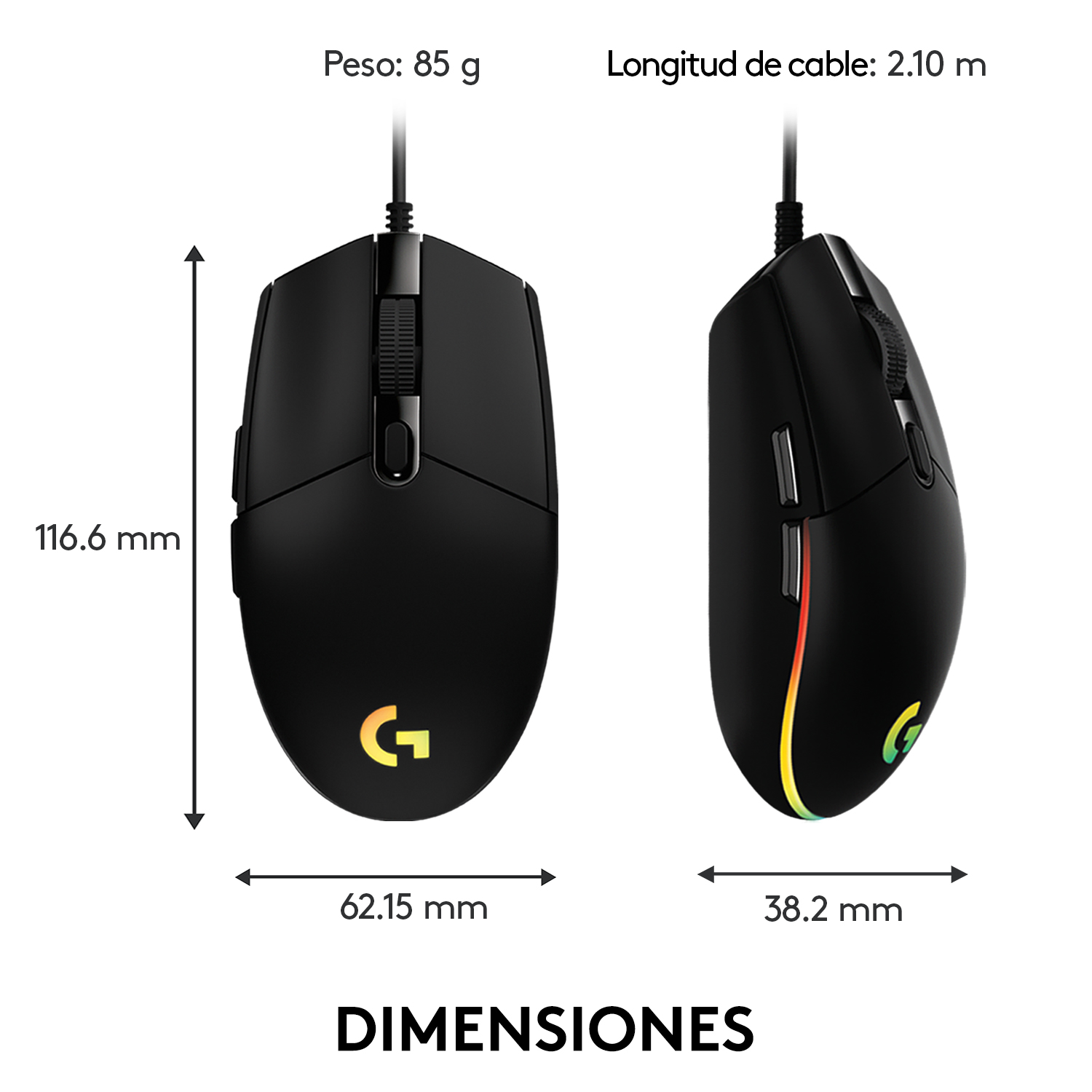 Ratón gaming negro con dimensiones, un logo y vista lateral con luces de colores.
