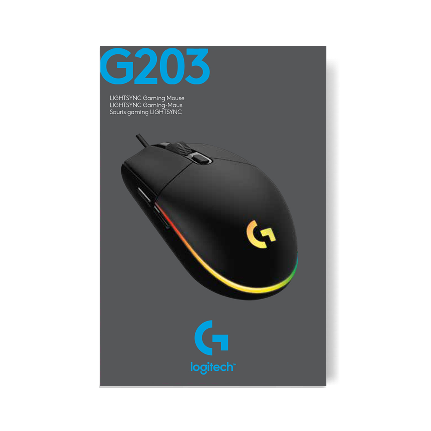 Ratón gaming Logitech G203 negro. Tiene una franja de luz multicolor y el logotipo de Logitech.