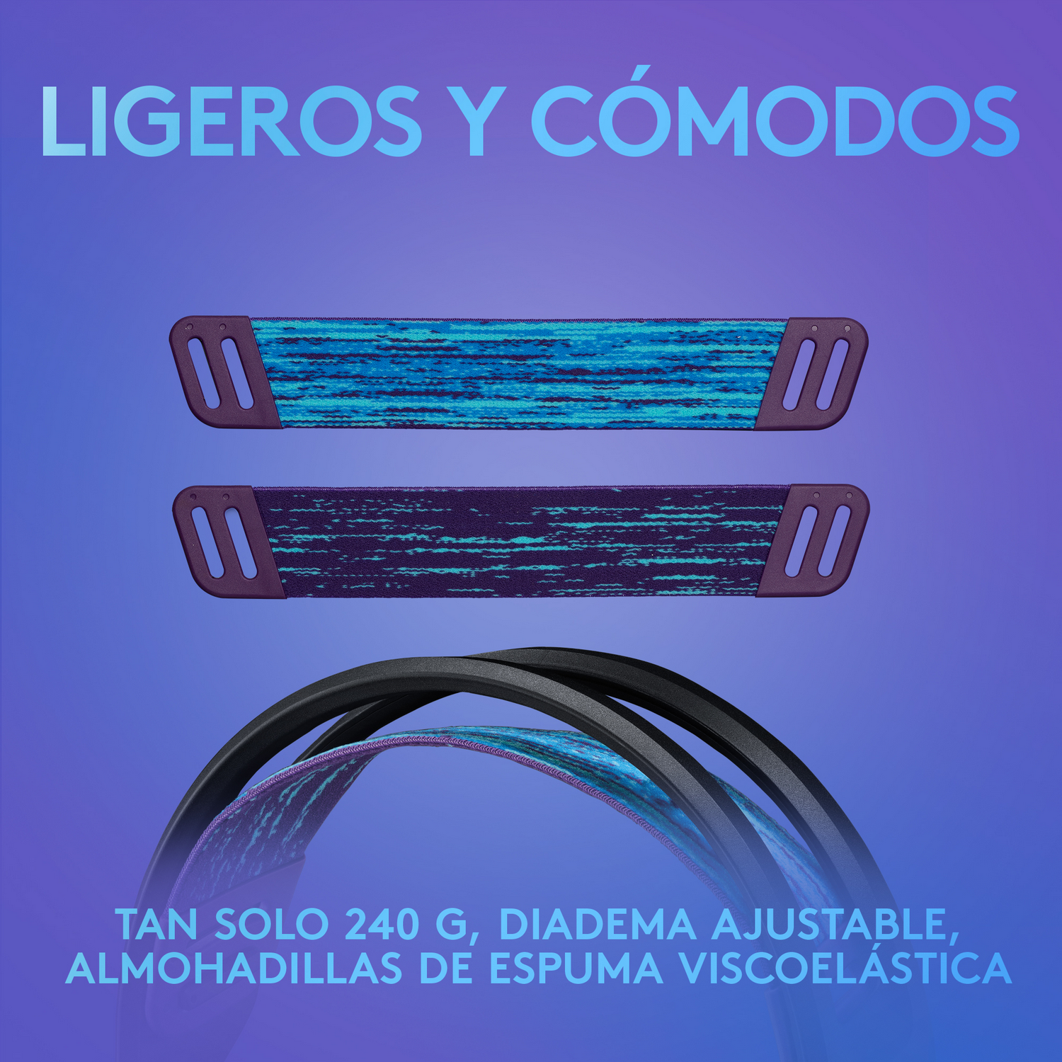 Dos cintas para la cabeza. Una azul con patrón, la otra morada. Texto abajo.