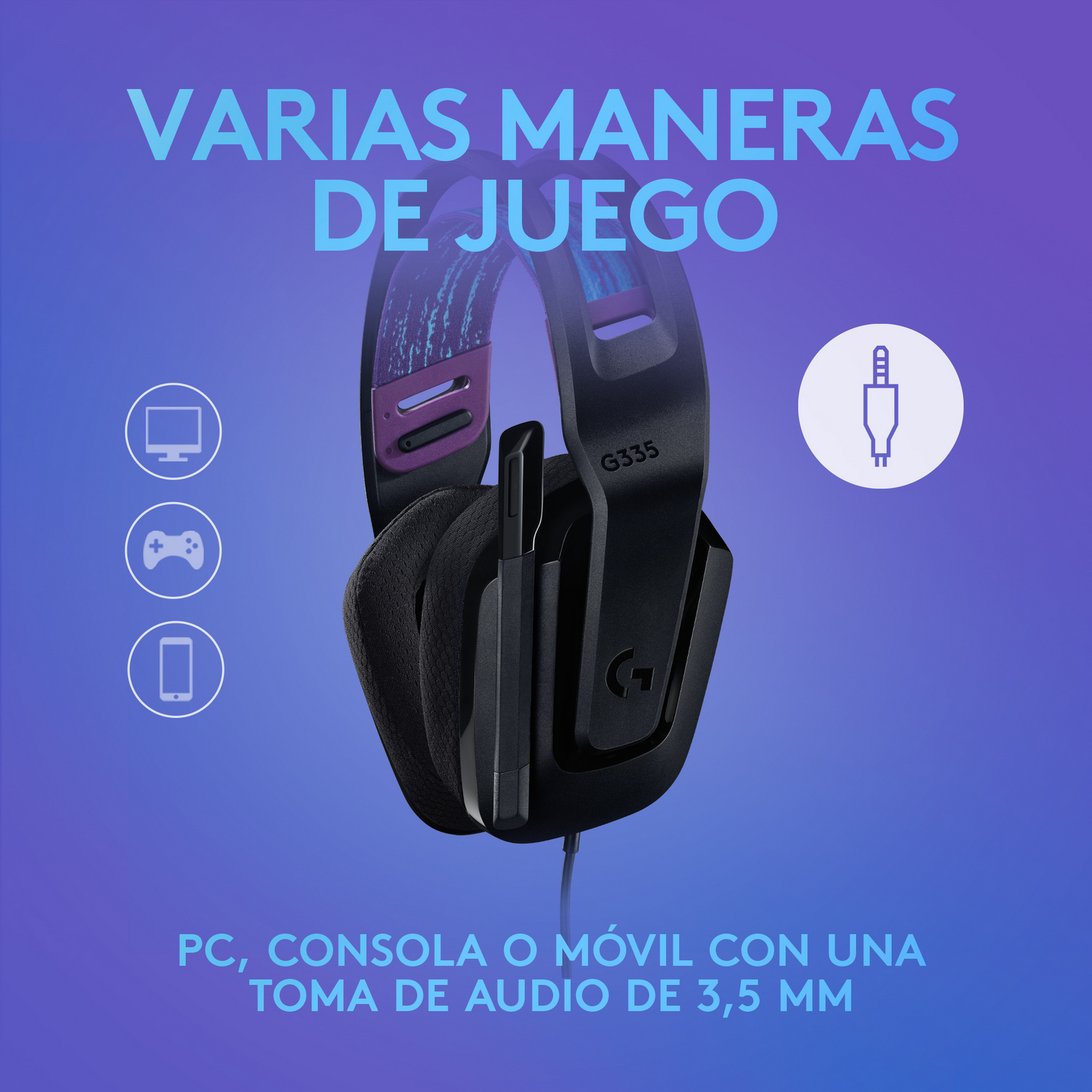 Un auricular para juegos negro con micrófono y el logotipo de Logitech G335.