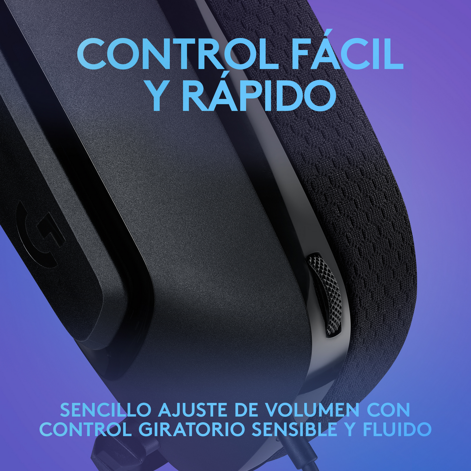 Primer plano de unos auriculares negros con control de volumen y degradado azul y morado.
