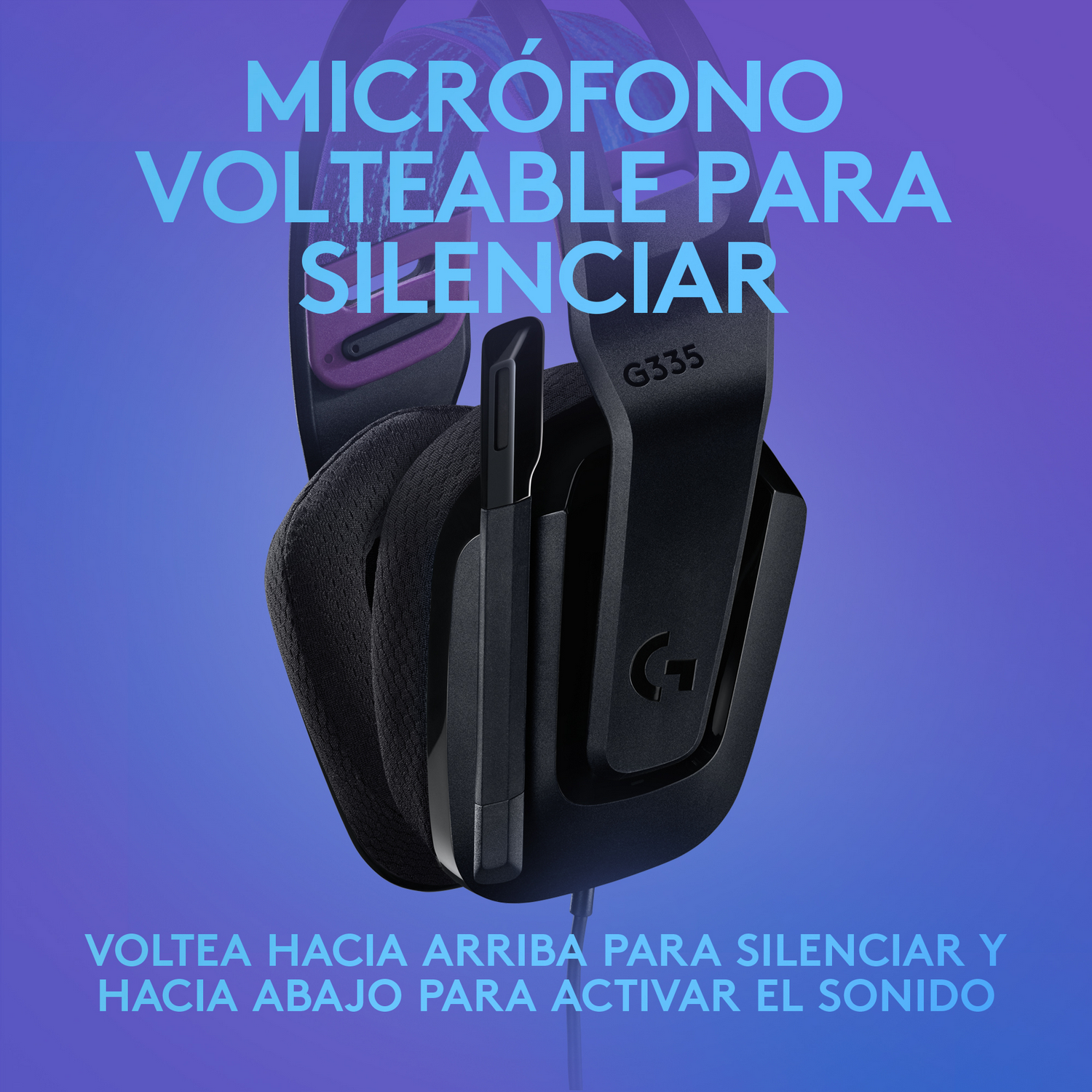 Auriculares G335 negros con micrófono abatible para silenciar. Texto: 'Voltear hacia arriba para silenciar, abajo para sonido'.