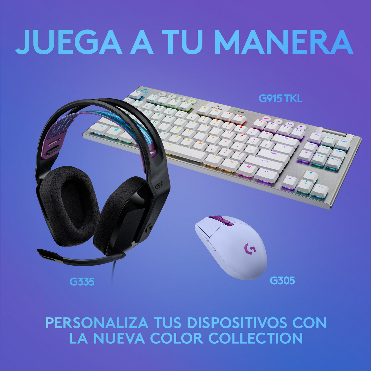 Configuración gaming con auriculares, teclado y ratón sobre un fondo degradado púrpura. Texto: 'Juega a tu manera'.