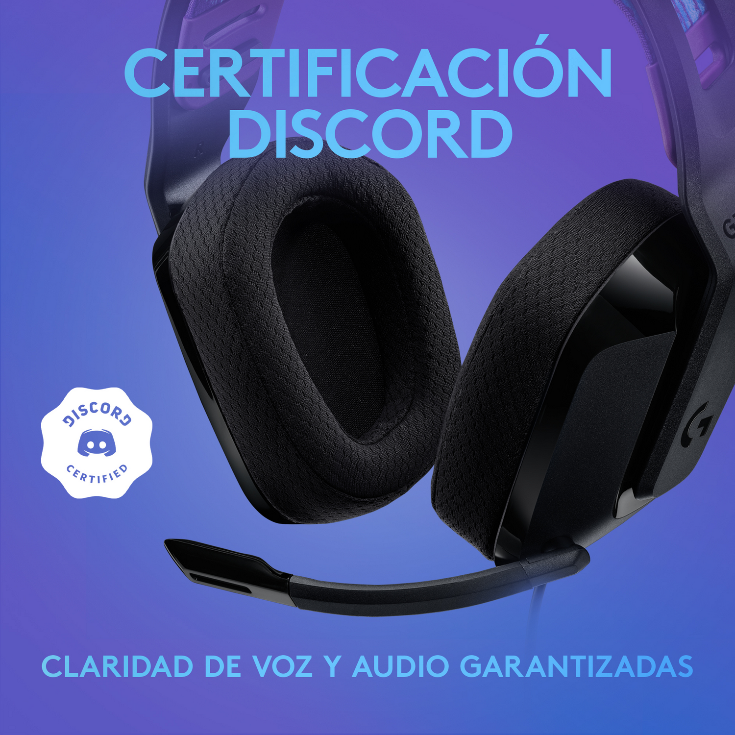 Auriculares negros con micrófono, con el logotipo y texto de Discord.