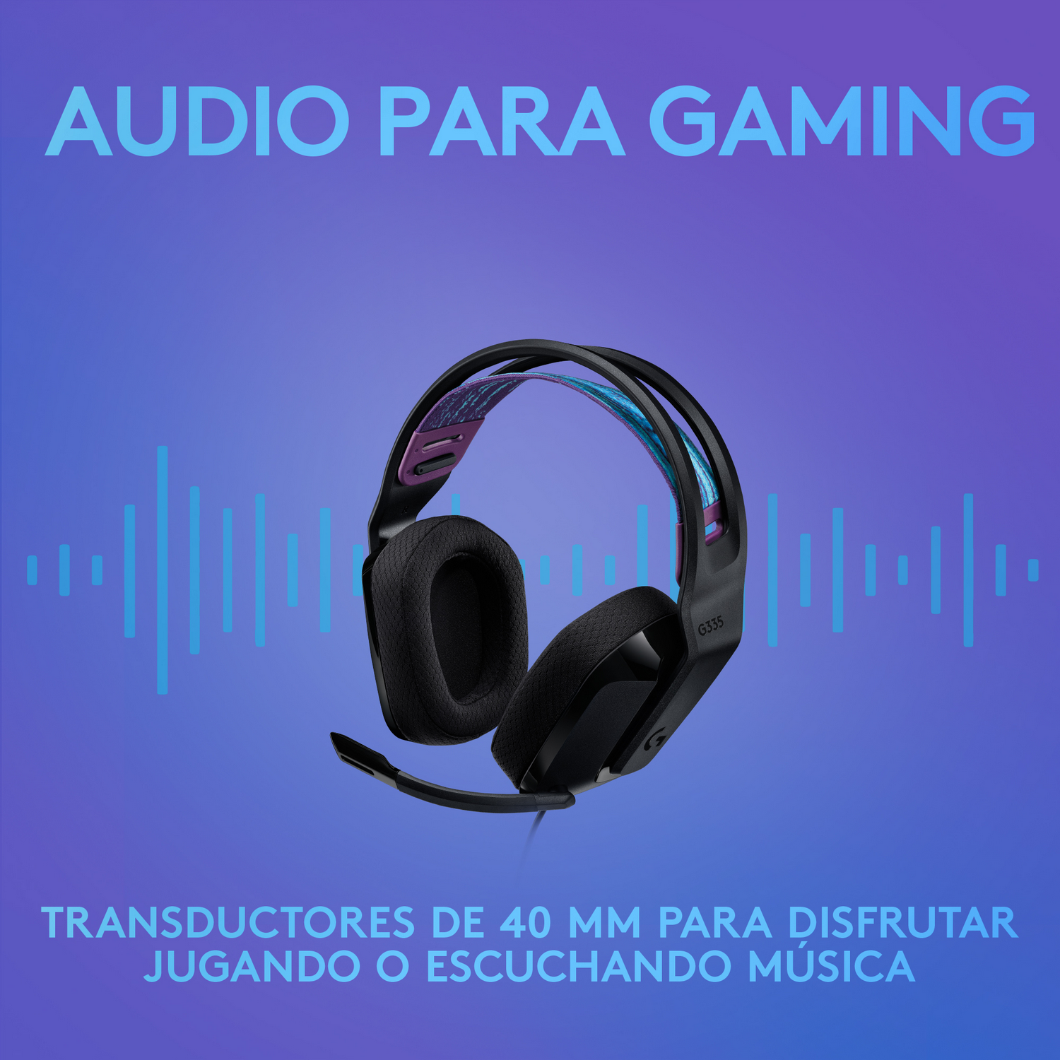 Auriculares gaming negros con micrófono. El texto 'AUDIO PARA GAMING' en el fondo.