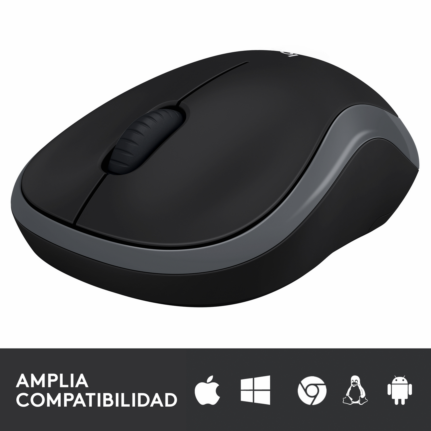 Ratón de ordenador negro con borde gris y rueda de desplazamiento. Se muestra la palabra compatibilidad.