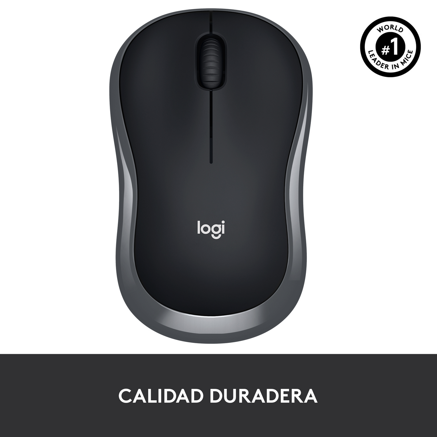 Ratón de ordenador negro y gris con rueda de desplazamiento y logotipo.
