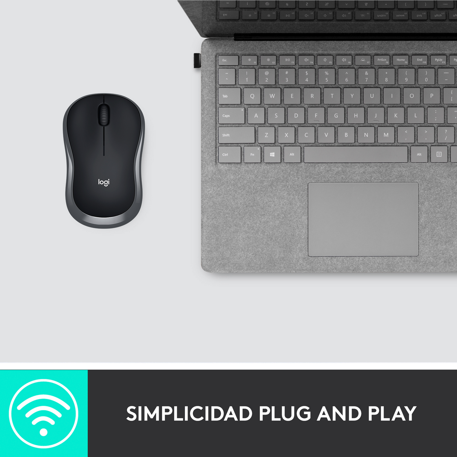 Un ratón negro junto a un teclado gris. Fondo blanco. Texto: Simplicidad Plug and Play.