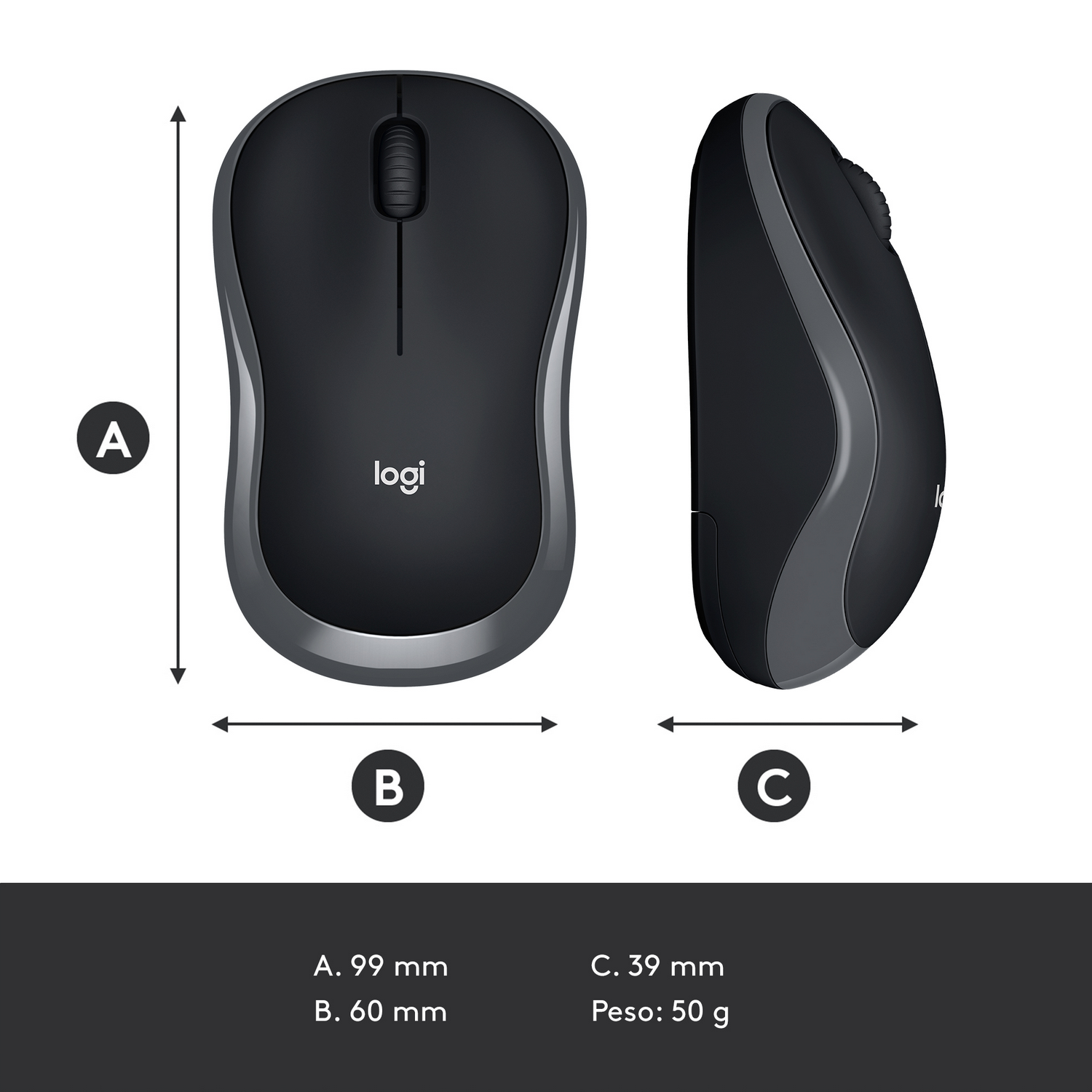 Ratón Logitech, negro y gris, visto desde arriba y de lado, con medidas.