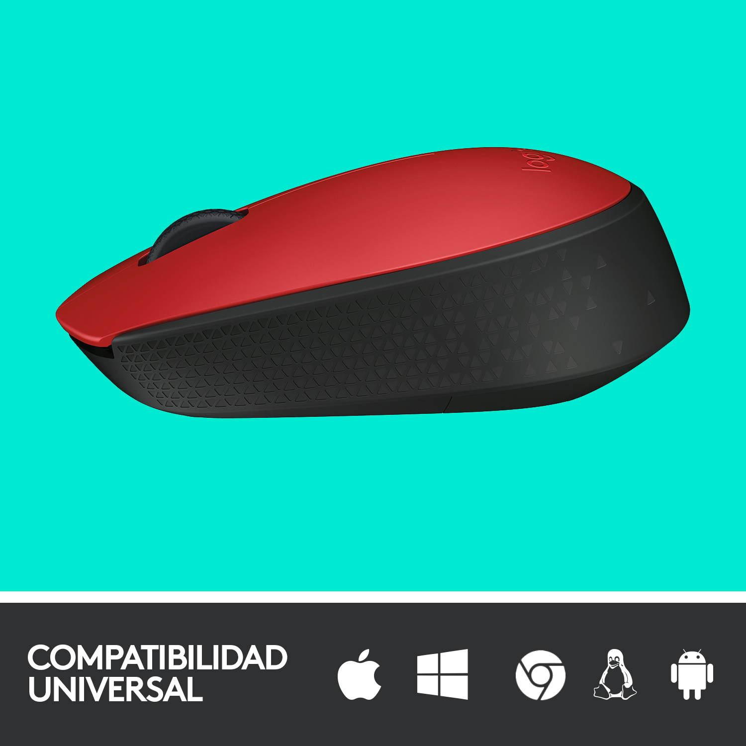 Un ratón inalámbrico rojo y negro sobre un fondo turquesa, con iconos de compatibilidad debajo.