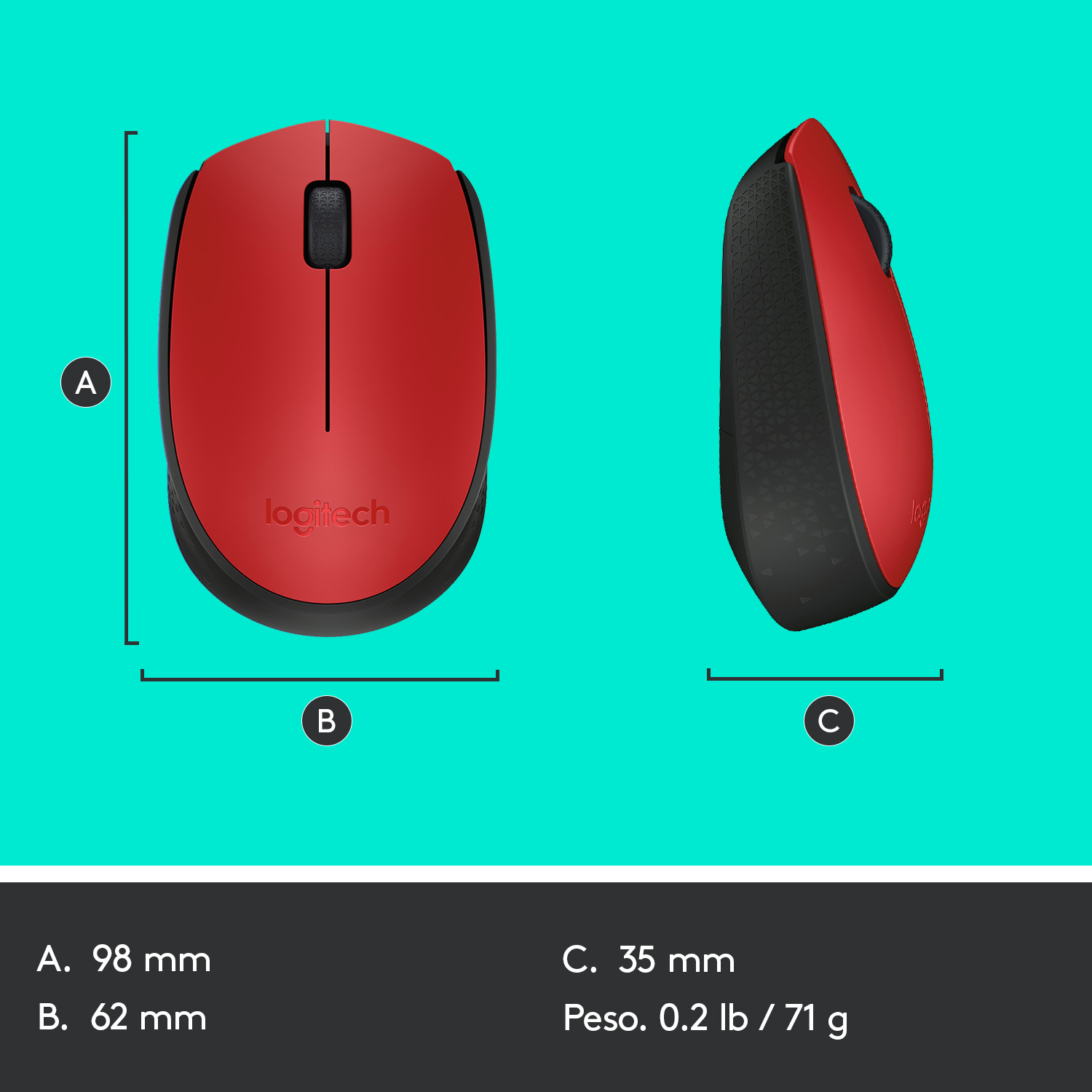 Ratón inalámbrico Logitech rojo con medidas y rueda de desplazamiento negra.